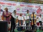 Governor Anandiben Patel at the 10th Convocation of Madan Mohan Malviya Technical University, in Gorakhpur, on Tuesday (HT Photo) Governor Anandiben Patel at the 10th Convocation of Madan Mohan Malviya Technical University, in Gorakhpur, on Tuesday (HT Photo)