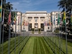 A drone view shows the flags alley at the United Nations European headquarters in Geneva, Switzerland, August 26, 2025