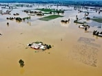 Swathes of farmland submerged under floodwater in Kapurthala. (HT)