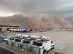 The City of Phoenix shows a large cloud of dust at the Phoenix Sky Harbor International Airport on August 25, 2025 in Phoenix, Arizona. Service. The City of Phoenix shows a large cloud of dust at the Phoenix Sky Harbor International Airport on August 25, 2025 in Phoenix, Arizona. Service.