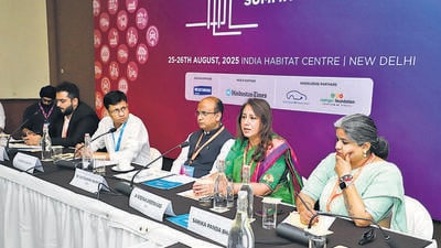 A panel of experts at the ICTS 2025 during a roundtable discussion on how to make areas outside schools more pedestrian-friendly. (HT Photo) A panel of experts at the ICTS 2025 during a roundtable discussion on how to make areas outside schools more pedestrian-friendly. (HT Photo)