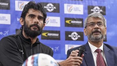 AIFF president Kalyan Chaubey with head coach Khalid Jamil during a press conference. (PTI) AIFF president Kalyan Chaubey with head coach Khalid Jamil during a press conference. (PTI)