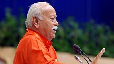 RSS chief Mohan Bhagwat addresses the gathering during an event to mark 100 years of the Rashtriya Swayamsevak Sangh in New Delhi. (ANI) RSS chief Mohan Bhagwat addresses the gathering during an event to mark 100 years of the Rashtriya Swayamsevak Sangh in New Delhi. (ANI)