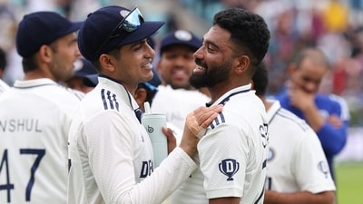 Mohammed Siraj celebrates with Shubman Gill after India won the match to draw the Test series in England. (Action Images via Reuters)
