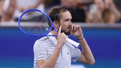 Daniil Medvedev reacts during a delay in play after a controversial call against Benjamin Bonzi during their First Round match of the US Open (Getty Images via AFP) Daniil Medvedev reacts during a delay in play after a controversial call against Benjamin Bonzi during their First Round match of the US Open (Getty Images via AFP)