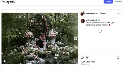 An Instagram post reading "Your English teacher and your gym teacher are getting married," along with a photo showing National Football League player Travis Kelce proposing to singer Taylor Swift, in this screenshot taken from a social media post. (via REUTERS)