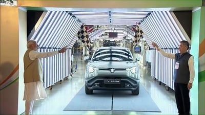 Prime Minister Narendra Modi flags off Maruti Suzuki’s first electric vehicle e-Vitara from the Hansalpur plant in Gujarat. (Maruti Suzuki) Prime Minister Narendra Modi flags off Maruti Suzuki’s first electric vehicle e-Vitara from the Hansalpur plant in Gujarat. (Maruti Suzuki)