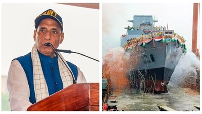 Union defence minister Rajnath Singh (left) and stealth frigate INS Himgiri (right) during its commissioning ceremony, in Visakhapatnam, Andhra Pradesh. (PTI) Union defence minister Rajnath Singh (left) and stealth frigate INS Himgiri (right) during its commissioning ceremony, in Visakhapatnam, Andhra Pradesh. (PTI)