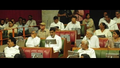 Opposition MLAs during the monsoon session of the Haryana assembly on Tuesday. (HT Photo) Opposition MLAs during the monsoon session of the Haryana assembly on Tuesday. (HT Photo)