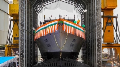 Indian Navy's advanced frontline frigate Udaygiri (F35) ahead of its commissioning in Visakhapatnam. (Defence PRO ) Indian Navy's advanced frontline frigate Udaygiri (F35) ahead of its commissioning in Visakhapatnam. (Defence PRO )