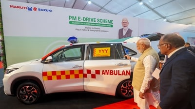 Prime Minister Narendra Modi during a visit at Maruti Suzuki’s Hansalpur manufacturing facility, in Ahmedabad district of Gujarat. (PTI) Prime Minister Narendra Modi during a visit at Maruti Suzuki’s Hansalpur manufacturing facility, in Ahmedabad district of Gujarat. (PTI)