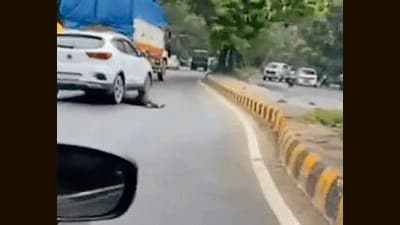 The video shows a man, aged about 40, lying on the road. A short while later he is run over by a slowly moving car, which then speeds away. He is crushed under the front and rear tyres of the car. HT couldn’t verify the authenticity of the video. (Video Grab/HT Photos)