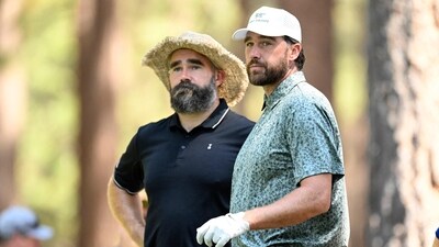 Jason Kelce and Travis Kelce stand in the 16th tee box during the first round of the American Century Championship at Edgewood Tahoe Golf Course (Getty Images via AFP) Jason Kelce and Travis Kelce stand in the 16th tee box during the first round of the American Century Championship at Edgewood Tahoe Golf Course (Getty Images via AFP)