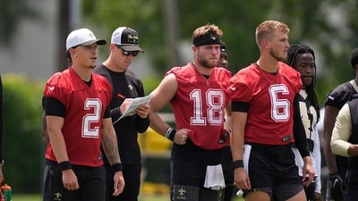 New Orleans Saints quarterbacks Spencer Rattler (2), Hunter Dekkers (18) and Tyler Shough (6) (AP) New Orleans Saints quarterbacks Spencer Rattler (2), Hunter Dekkers (18) and Tyler Shough (6) (AP)