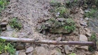 Continuous heavy rainfall across Doda district triggered landslides, mudslides, and shooting stones (ANI video grab) Continuous heavy rainfall across Doda district triggered landslides, mudslides, and shooting stones (ANI video grab)