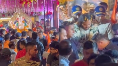Videos showed Anant Ambani and Radhika Merchant bringing Ganpati idol home, fondly called Antilia Cha Raja. (Instagram/varindertchawla) Videos showed Anant Ambani and Radhika Merchant bringing Ganpati idol home, fondly called Antilia Cha Raja. (Instagram/varindertchawla)