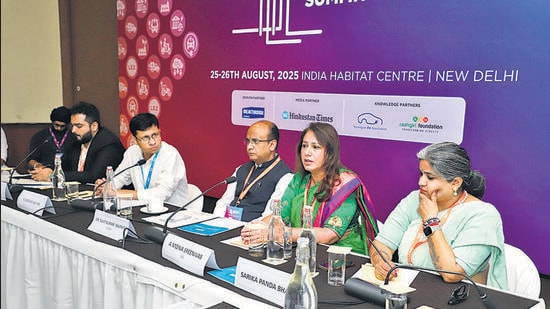 A panel of experts at the ICTS 2025 during a roundtable discussion on how to make areas outside schools more pedestrian-friendly. (HT Photo)