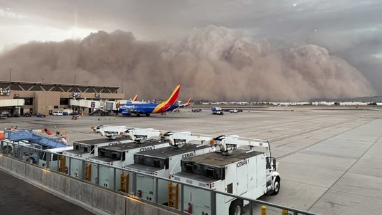 The City of Phoenix shows a large cloud of dust at the Phoenix Sky Harbor International Airport on August 25, 2025 in Phoenix, Arizona. Service. (AFP)
