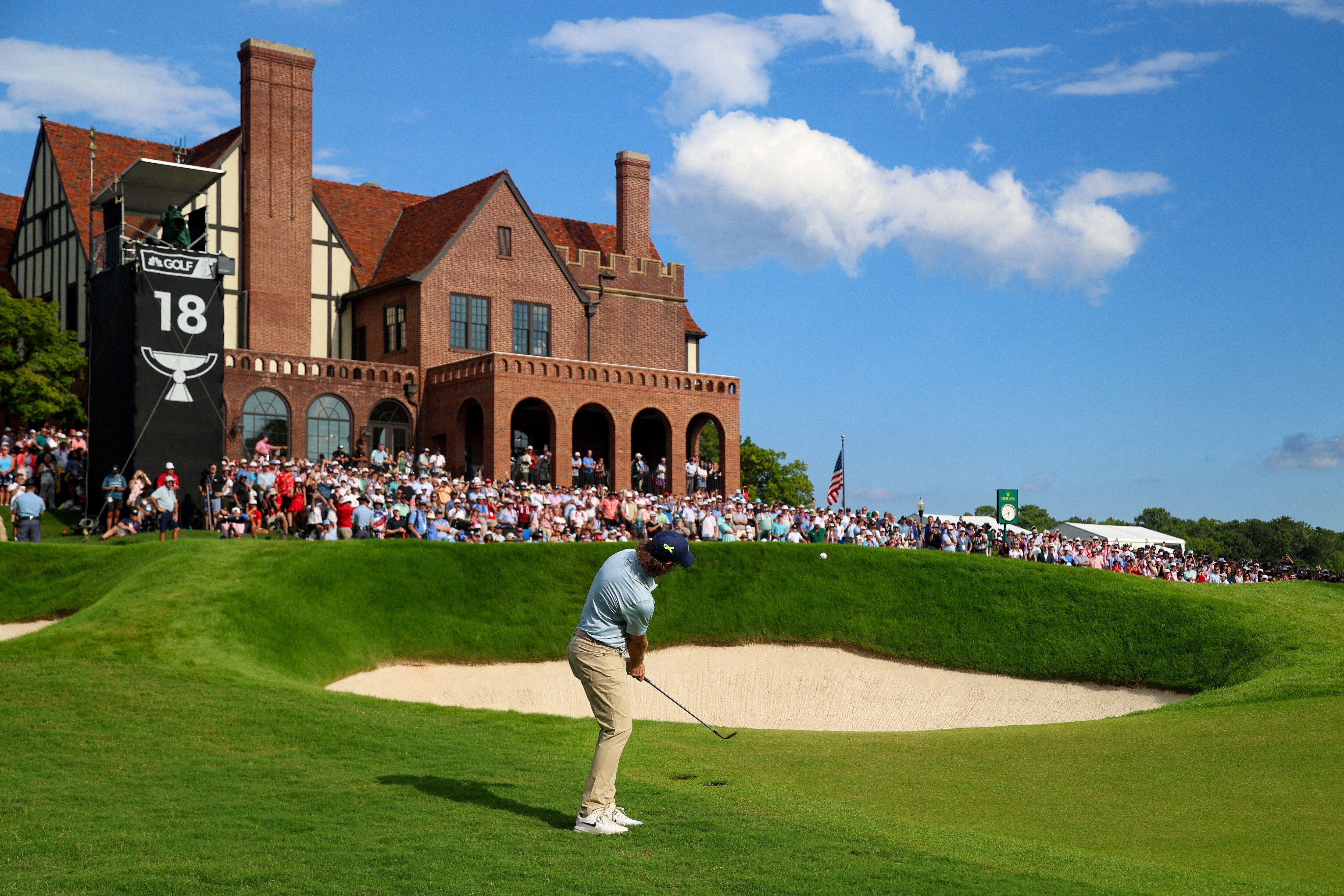 Aug 24, 2025; Atlanta, Georgia, USA; Tommy Fleetwood plays his shot on the 18th hole during the final round of the TOUR Championship golf tournament. Mandatory Credit: Brett Davis-Imagn Images     TPX IMAGES OF THE DAY (IMAGN IMAGES via Reuters Connect)
