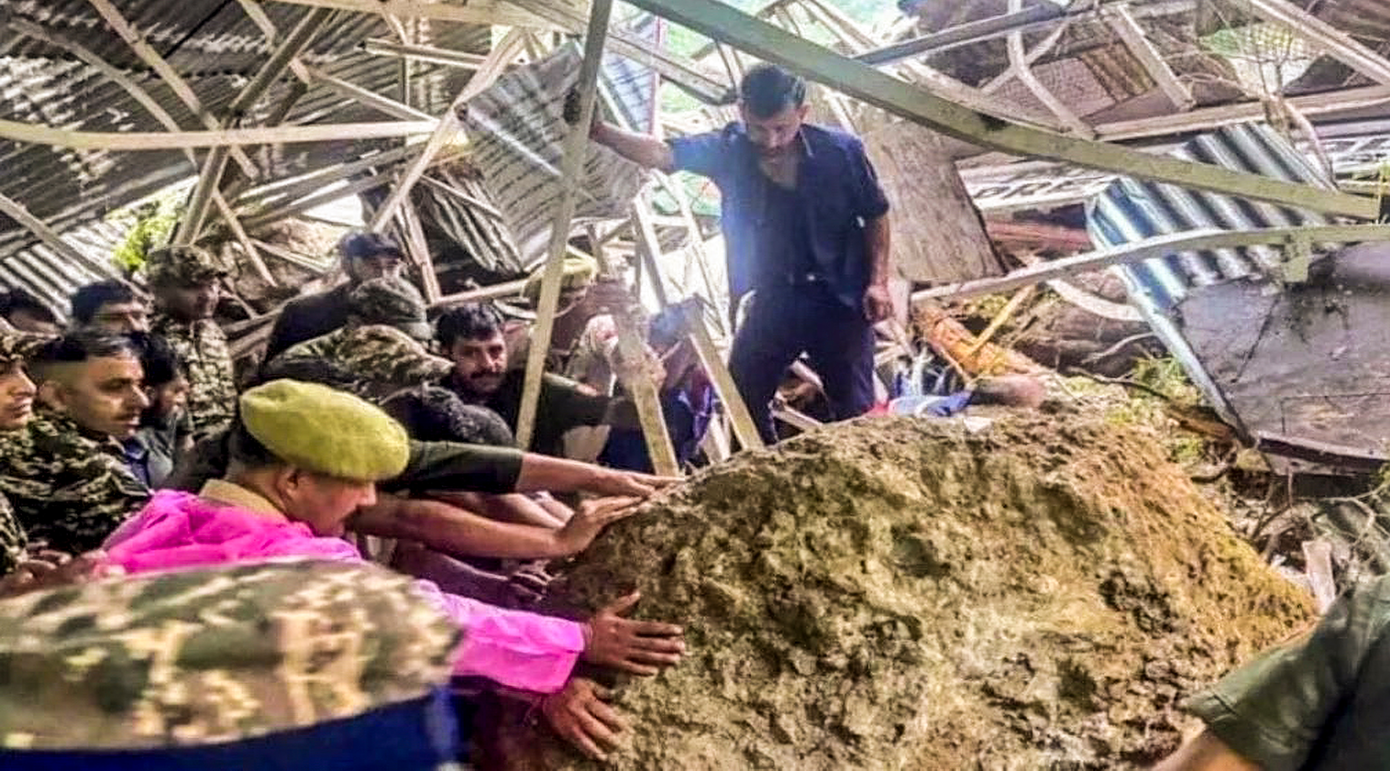 Security personnel at the site as seven people died in landslide on route to Vaishno Devi shrine, in Katra of Reasi district. (@mssirsa/X via PTI Photo) Security personnel at the site as seven people died in landslide on route to Vaishno Devi shrine, in Katra of Reasi district. (@mssirsa/X via PTI Photo)