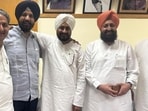 (From left) Congress leaders Vijay Inder Singla, Amarinder Singh Raja Warring, Charanjit Singh Channi, Partap Singh Bajwa with party’s Punjab in-charge Bhupesh Baghel in New Delhi. (Sourced)