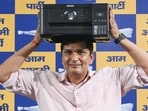 AAP leader Saurabh Bharadwaj holds up a printer as evidence of ED malfeasance. (Vipin kUmar/HT Photo) AAP leader Saurabh Bharadwaj holds up a printer as evidence of ED malfeasance. (Vipin kUmar/HT Photo)