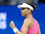 Australia's Ajla Tomljanovic celebrates during her women's singles first round tennis match against USA's Coco Gauff 