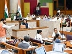 Haryana chief minister Nayab Singh Saini speaking during the monsoon session on Wednesday. Speaker Harvinder Kalyan and Congress leader Bhupinder Singh Hooda are also seen in the picture. (Sourced) Haryana chief minister Nayab Singh Saini speaking during the monsoon session on Wednesday. Speaker Harvinder Kalyan and Congress leader Bhupinder Singh Hooda are also seen in the picture. (Sourced)