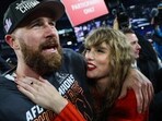 Travis Kelce #87 of the Kansas City Chiefs (L) celebrates with Taylor Swift after defeating the Baltimore Ravens in the AFC Championship Game Travis Kelce #87 of the Kansas City Chiefs (L) celebrates with Taylor Swift after defeating the Baltimore Ravens in the AFC Championship Game