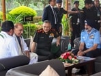 Defence Minister Rajnath Singh, Chief of Defence Staff (CDS) General Anil Chauhan and Chief of the Air Staff (CAS) Air Chief Marshal AP Singh during the 'RAN SAMWAD 2025', at Army War College, in Mhow on Wednesday, August 27, 2025. 