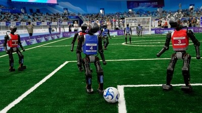 Robots play soccer at the World Humanoid Robot Games in Beijing, China, Friday, Aug. 15, 2025. (AP) Robots play soccer at the World Humanoid Robot Games in Beijing, China, Friday, Aug. 15, 2025. (AP)