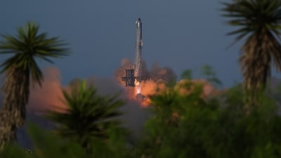 SpaceX's mega rocket Starship makes a test flight from Starbase, Texas, Tuesday. (AP) SpaceX's mega rocket Starship makes a test flight from Starbase, Texas, Tuesday. (AP)