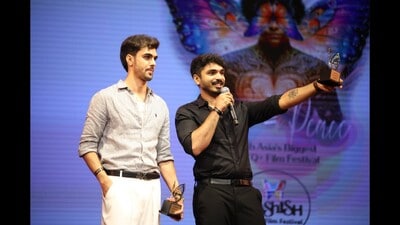 Actors Mir Tawséef and Akash Menon at the opening ceremony of the Kashish Film Festival where they were felicitated with the Rainbow voices Award for their performance in Onir’s latest film, We Are Faheem And Karun (Courtesy Onir on X) Actors Mir Tawséef and Akash Menon at the opening ceremony of the Kashish Film Festival where they were felicitated with the Rainbow voices Award for their performance in Onir’s latest film, We Are Faheem And Karun (Courtesy Onir on X)