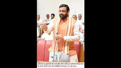 Haryana chief minister Nayab Singh Saini speaking during the monsoon session of the Vidhan Sabha on Wednesday. (HT Photo) Haryana chief minister Nayab Singh Saini speaking during the monsoon session of the Vidhan Sabha on Wednesday. (HT Photo)