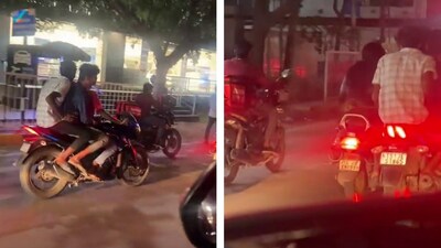 Three men on a bike were filmed following women, touching them with a peacock feather in Hyderabad (Instagram/@AnikethShetty1) Three men on a bike were filmed following women, touching them with a peacock feather in Hyderabad (Instagram/@AnikethShetty1)