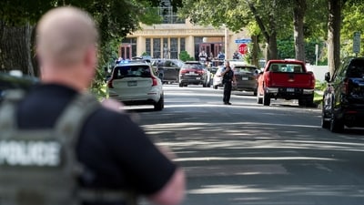 Law enforcement officers gather outside Annunciation Church following a mass shooting event, in Minneapolis, Minnesota, U.S., August 27, 2025. (Reuters)