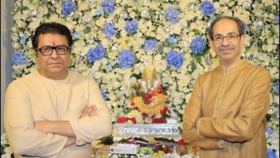 Shiv Sena (UBT) leader Uddhav Thackeray at his cousin and Maharashtra Navnirman Sena (MNS) chief Raj Thackeray’s residence. (X)