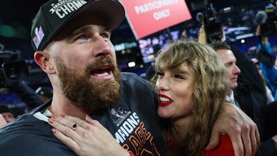 Travis Kelce #87 of the Kansas City Chiefs (L) celebrates with Taylor Swift after defeating the Baltimore Ravens in the AFC Championship Game (AFP) Travis Kelce #87 of the Kansas City Chiefs (L) celebrates with Taylor Swift after defeating the Baltimore Ravens in the AFC Championship Game (AFP)