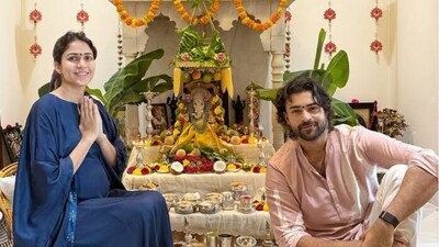 Varun Tej and Lavanya Tripathi share photo from their Ganesh Chaturthi celebrations. Varun Tej and Lavanya Tripathi share photo from their Ganesh Chaturthi celebrations.