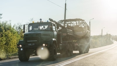Ukrainian military vehicles in Slovyansk in the country’s east.