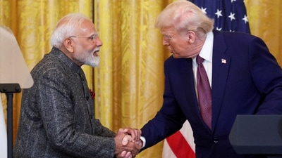 File photo: US President Donald Trump and Prime Minister Narendra Modi shake hands as they attend a joint press conference at the White House. (REUTERS)