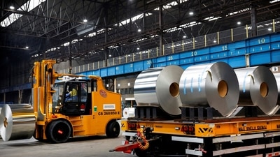 A worker moves rolls of steel at the Tata Steel factory in Velsen-Noord, Netherlands March 26, 2024. (Representative image/REUTERS)