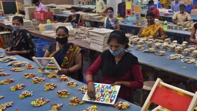 A toy factory in Greater Noida. The US tariff on India threatens its export competitiveness against rivals like China, Vietnam and Bangladesh. ( Raj K Raj/ Hindustan Times) A toy factory in Greater Noida. The US tariff on India threatens its export competitiveness against rivals like China, Vietnam and Bangladesh. ( Raj K Raj/ Hindustan Times)