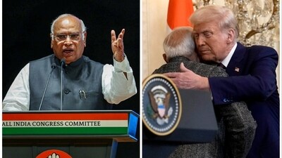 Congress president Mallikarjun Kharge said Indi will lose an estimated ₹2.17 lakh crore as the first jolt to this Trump tariff (AICC, AP/File) Congress president Mallikarjun Kharge said Indi will lose an estimated ₹2.17 lakh crore as the first jolt to this Trump tariff (AICC, AP/File)