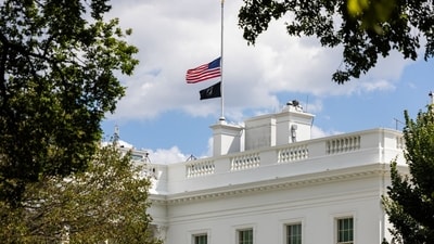 Flags are lowered to half-staff outside the White House in Washington, DC, US, on Wednesday, August 27, 2025 to honour victims of Minneapolis Catholic school shooting. (Bloomberg) Flags are lowered to half-staff outside the White House in Washington, DC, US, on Wednesday, August 27, 2025 to honour victims of Minneapolis Catholic school shooting. (Bloomberg)