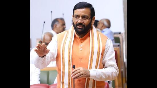 Haryana chief minister Nayab Singh Saini addressing the House during the monsoon session on Wednesday. (HT Photo)