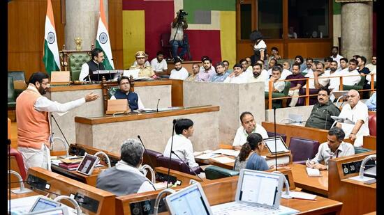 Haryana chief minister Nayab Singh Saini speaking during the monsoon session on Wednesday. Speaker Harvinder Kalyan and Congress leader Bhupinder Singh Hooda are also seen in the picture. (Sourced)