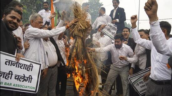 Lawyers protesting at Tis Hazari Courts Complex on Monday. (PTI)