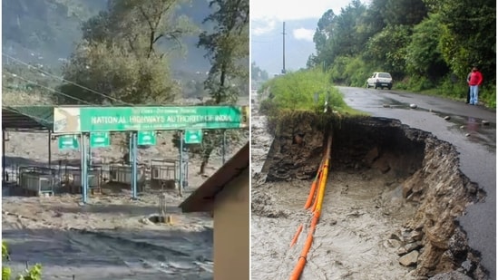The swollen Beas river is not just flowing through the Raison toll, it also damaged the national highway connecting Chandigarh and Manali in several places. (X/@iNikhilsaini/PTI)