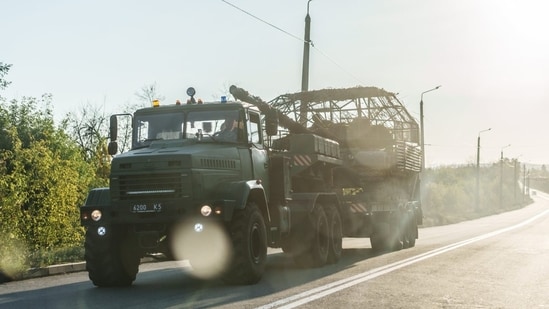Ukrainian military vehicles in Slovyansk in the country’s east.